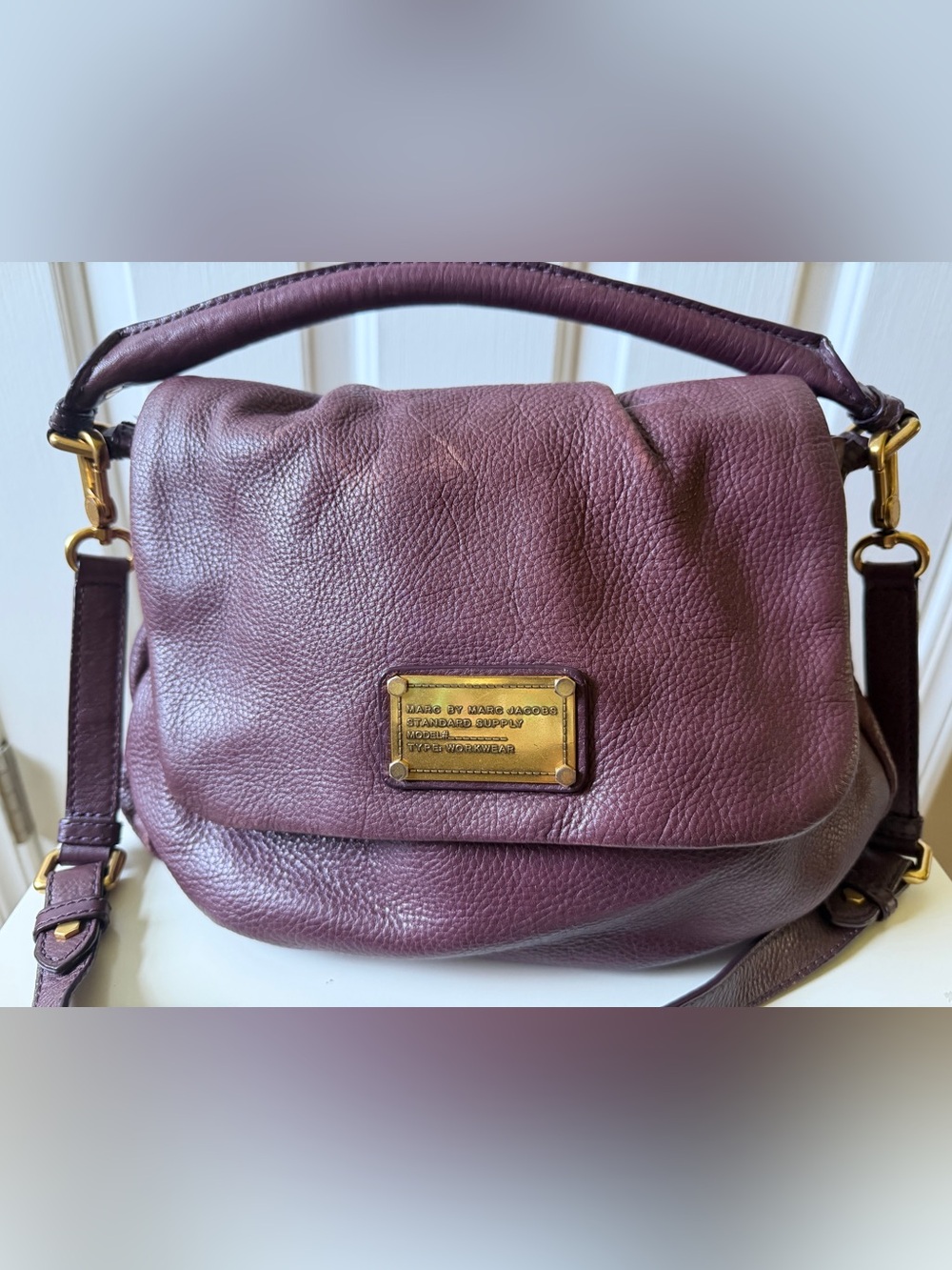 Marc by Marc Jacobs Pebbled Leather Shoulder Bag in Deep Plum with Gold Hardware